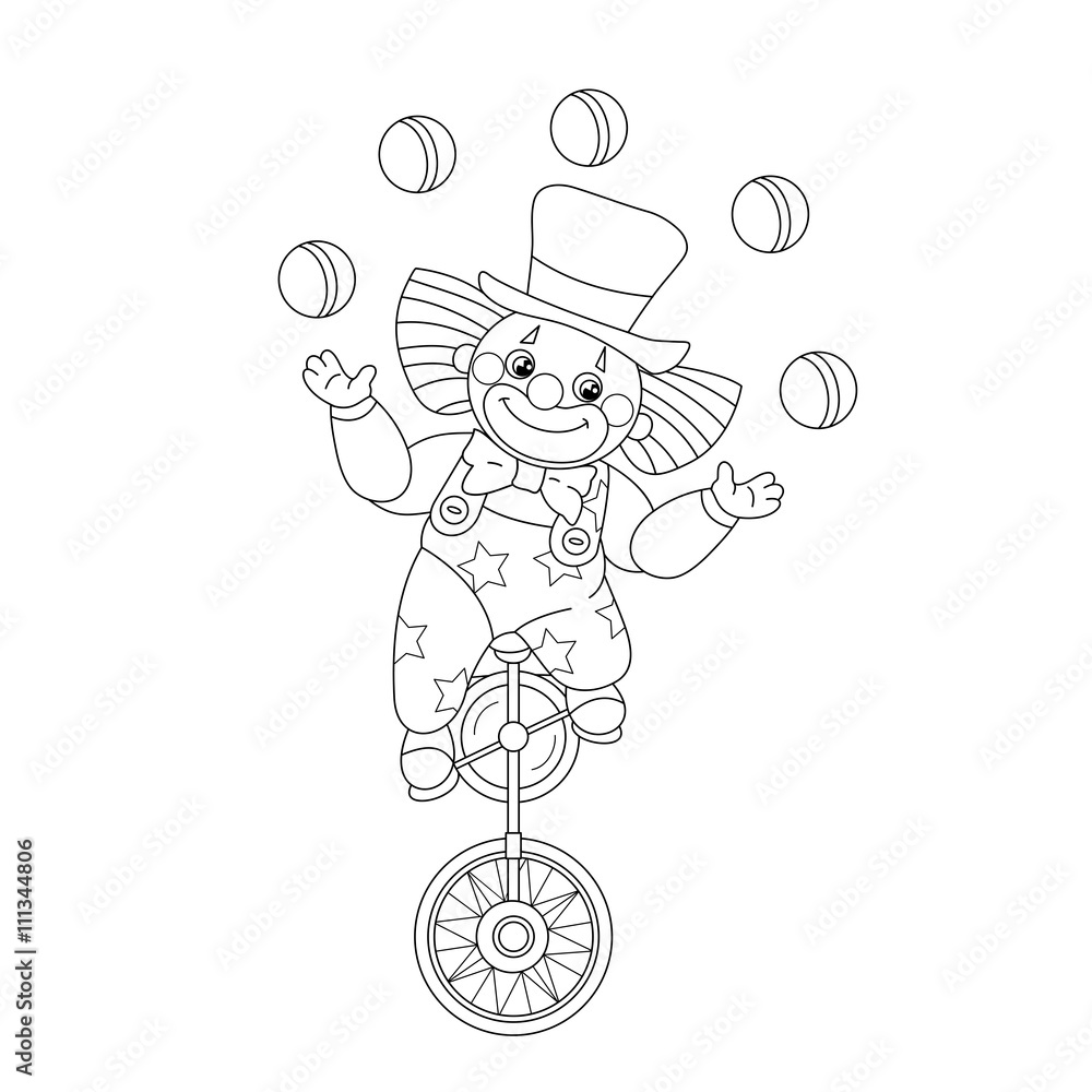 Coloring Page Outline Of a funny clown juggling balls Stock Vector