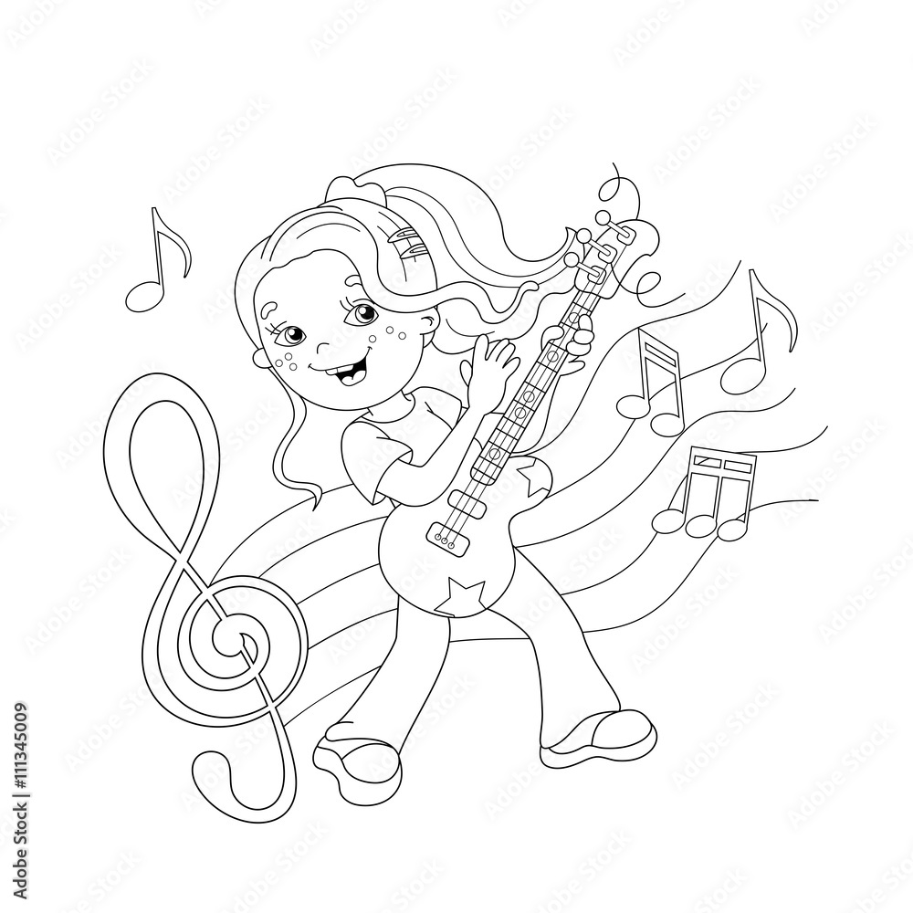 Fototapeta premium Coloring Page Outline Of girl playing the guitar