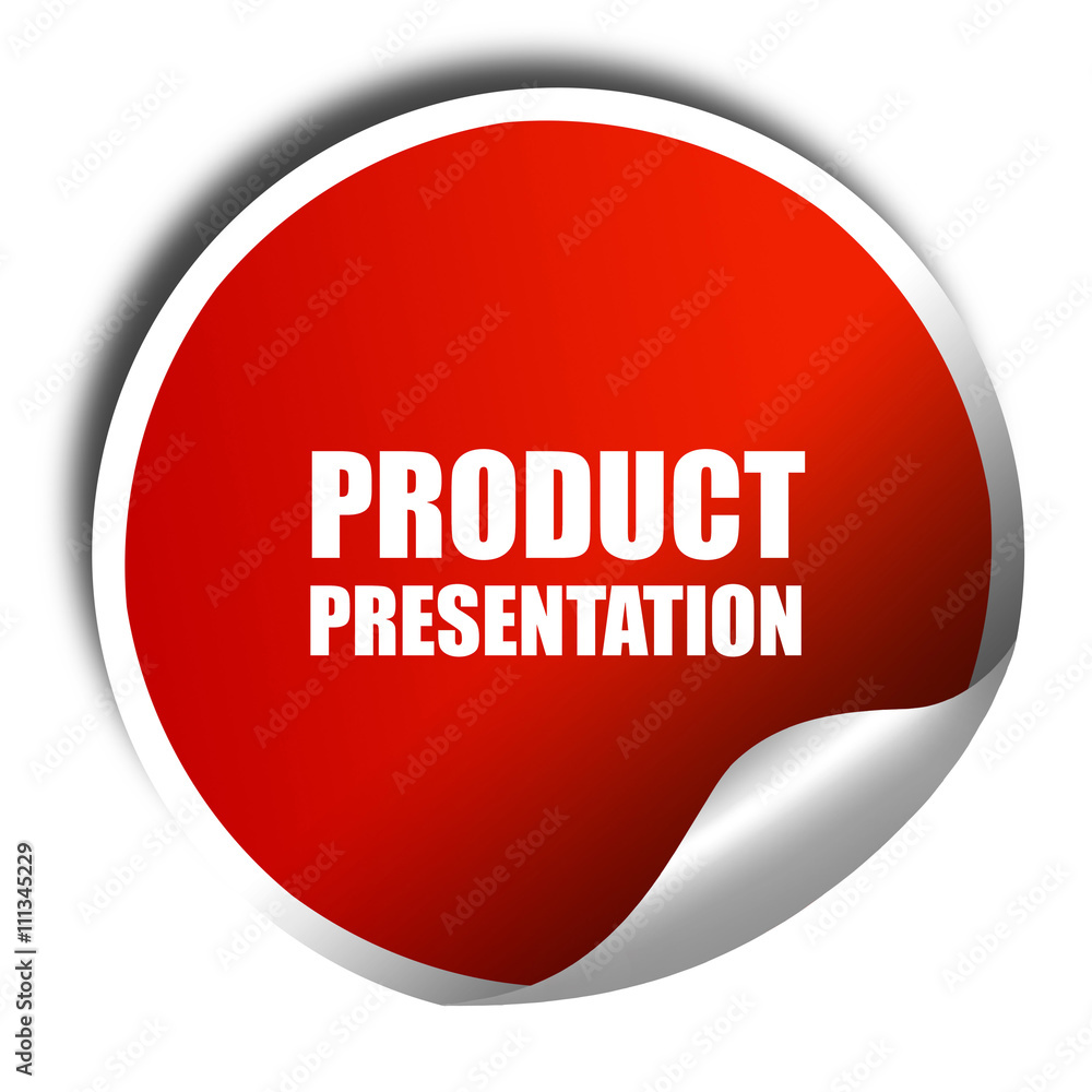 product presentation, 3D rendering, red sticker with white text product presentation, 3D rendering, red sticker with white text