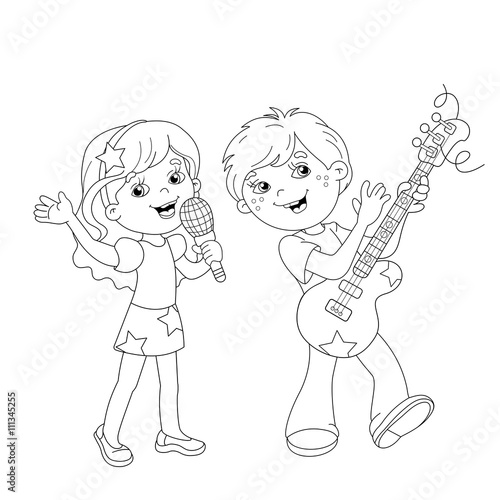 Coloring Page Outline Of boy and girl singing a song