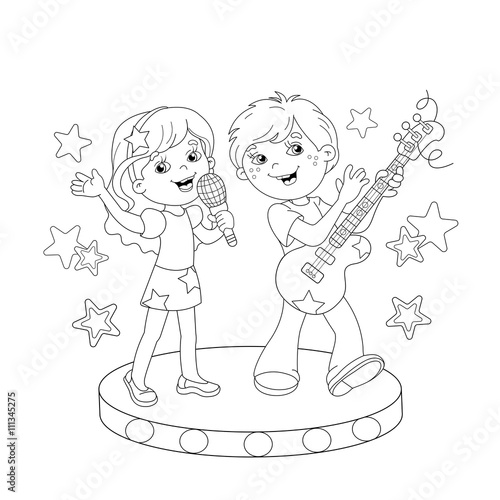 Coloring Page Outline Of boy and girl singing a song