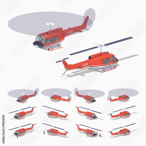Fire helicopter. 3D lowpoly isometric vector illustration. The set of objects isolated against the white background and shown from different sides