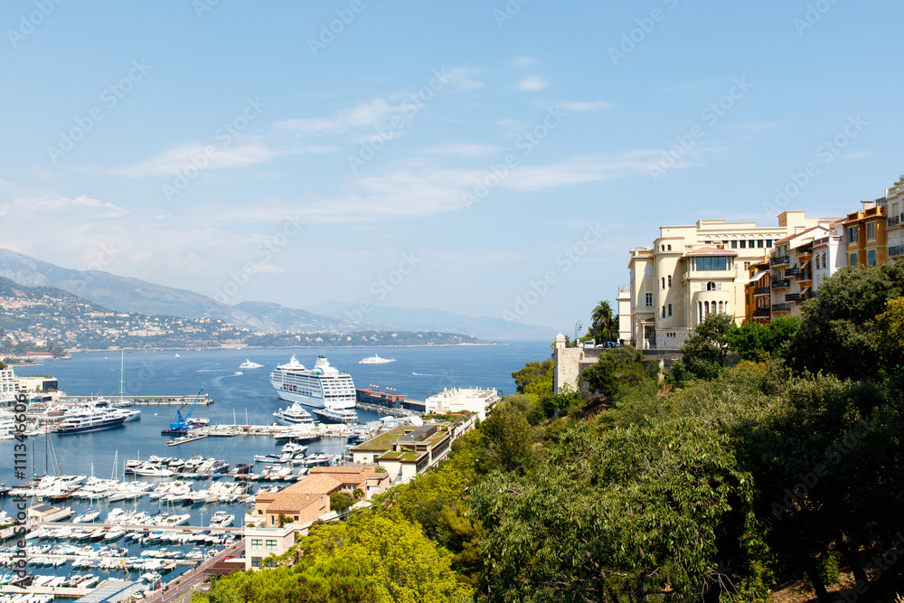 Monte Carlo harbor with luxury yachts and the city skyline 