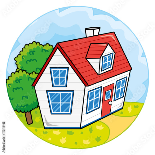 White house on a summer background round icon.