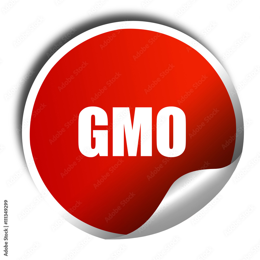 gmo, 3D rendering, red sticker with white text gmo, 3D rendering, red sticker with white text