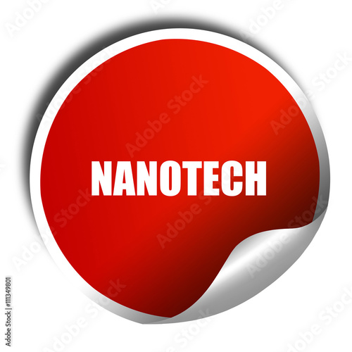 nanotech, 3D rendering, red sticker with white text