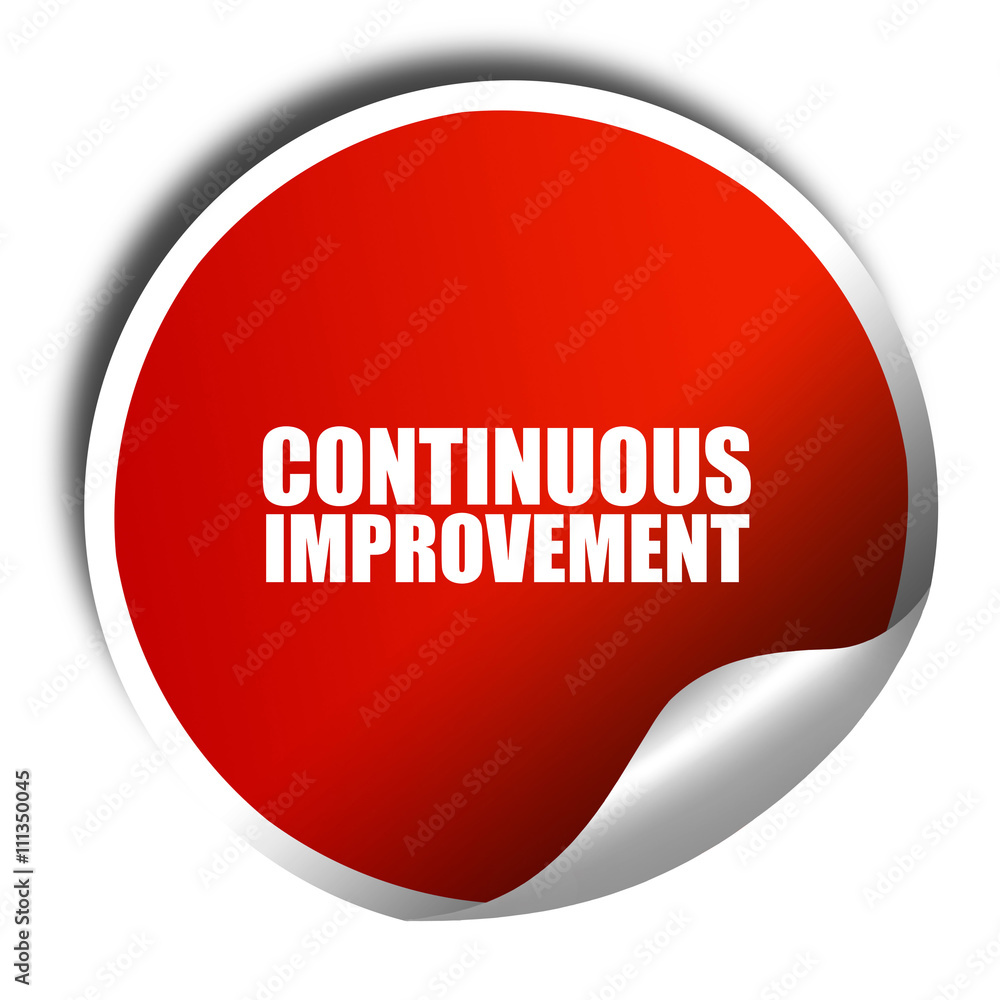 continuous improvement, 3D rendering, red sticker with white tex