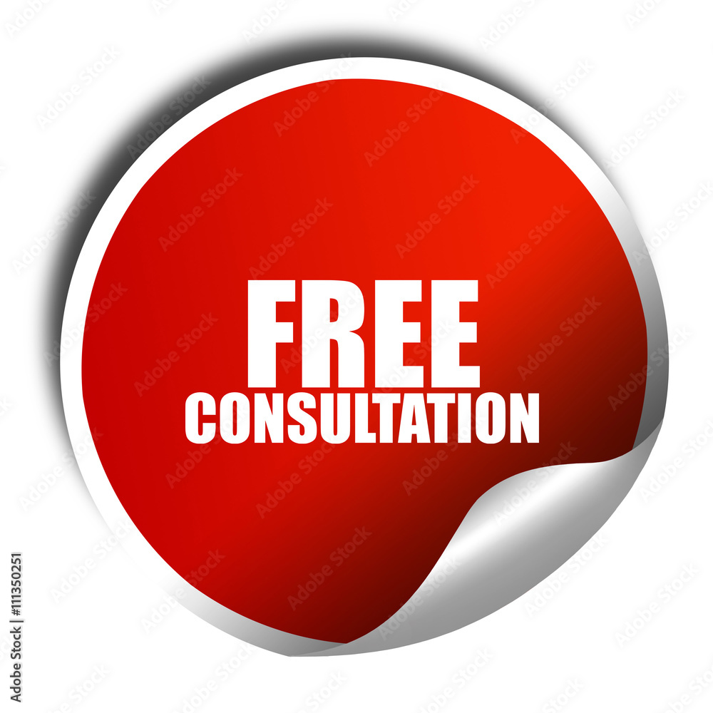 free consultation, 3D rendering, red sticker with white text