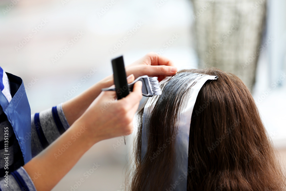 Fototapeta premium Professional hairdresser coloring hair