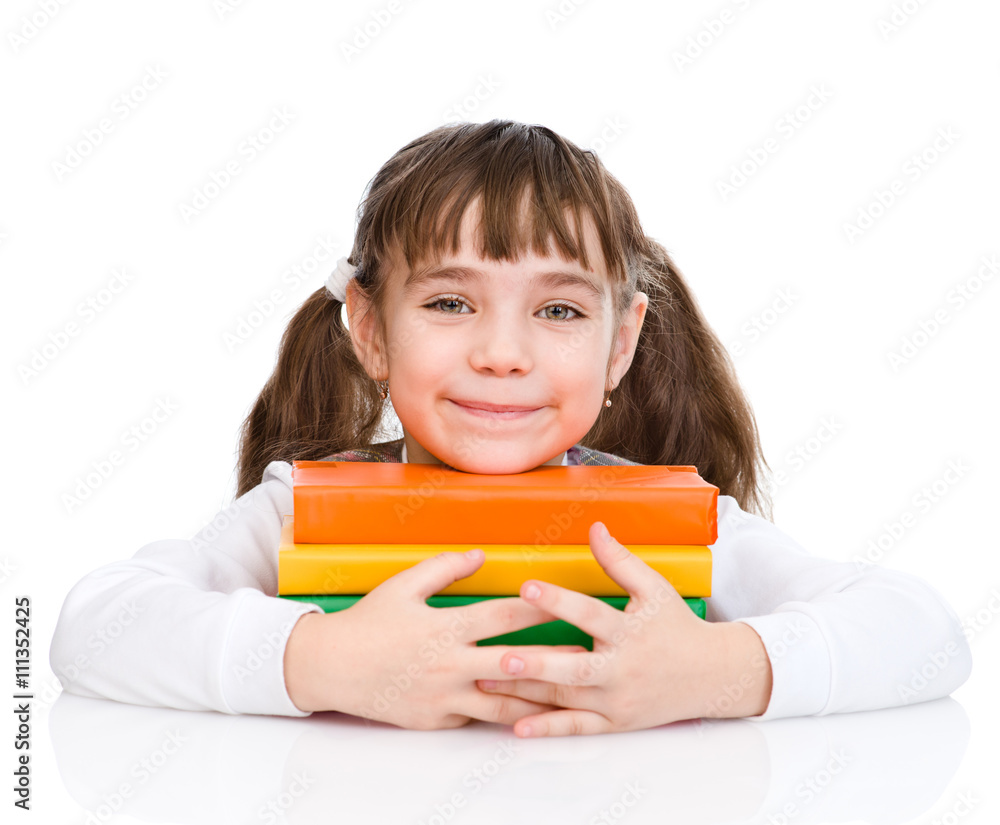 little happy girl embracing books. isolated on white background little happy girl embracing books. isolated on white background