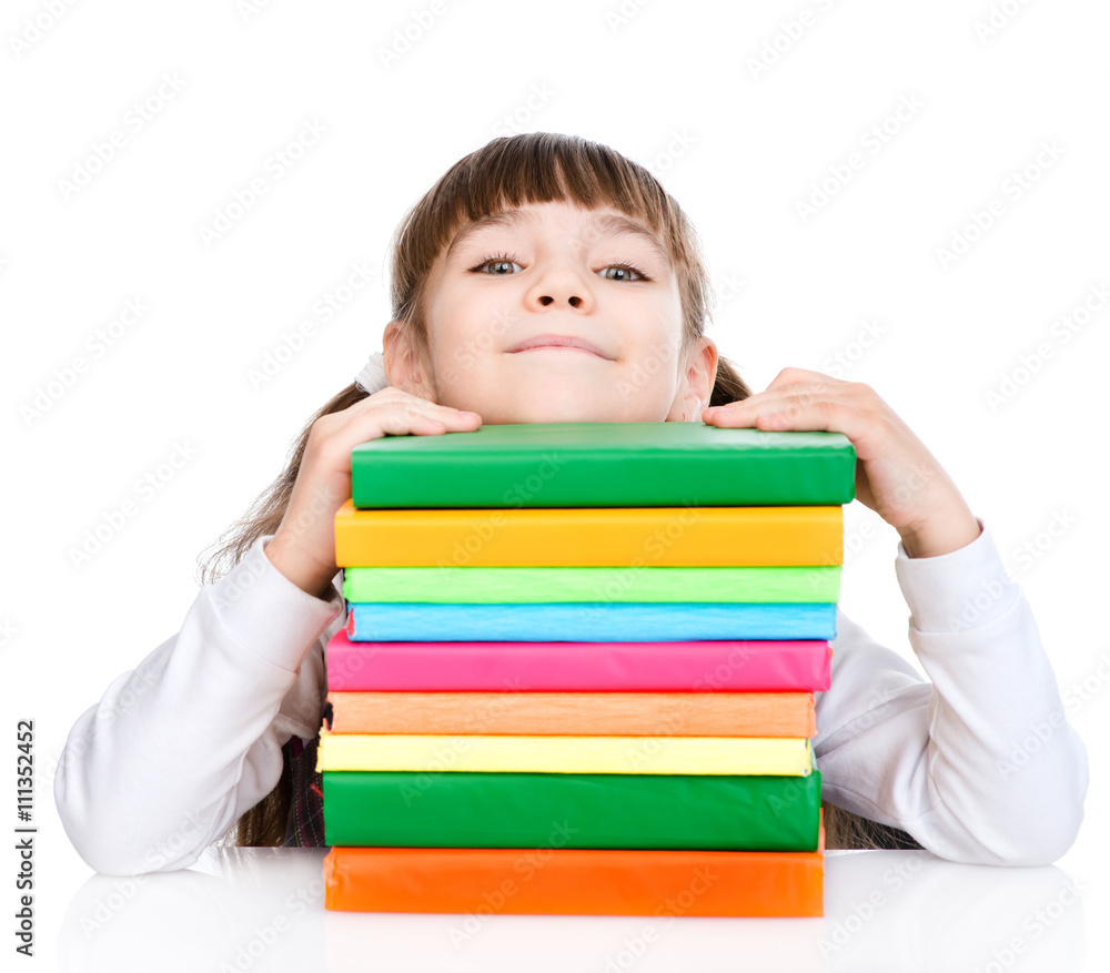 schoolgirl with stack books. isolated on white background schoolgirl with stack books. isolated on white background