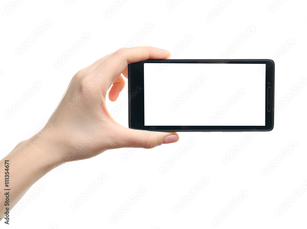 Female hand holding a smartphone on white background Female hand holding a smartphone on white background
