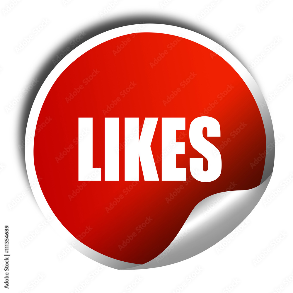 likes, 3D rendering, red sticker with white text likes, 3D rendering, red sticker with white text