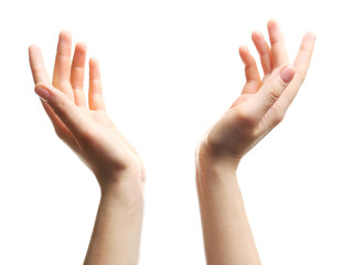 Two open female hands on white background