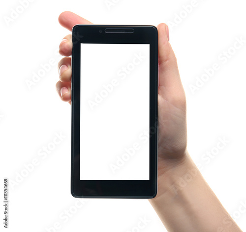 Female hand holding a smartphone on white background