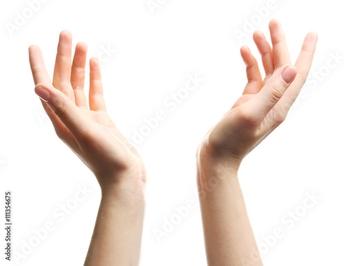 Two open female hands on white background
