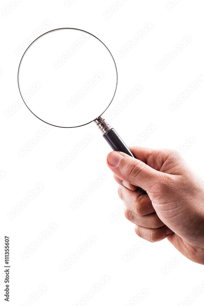 holding a magnifying glass on white holding a magnifying glass on white