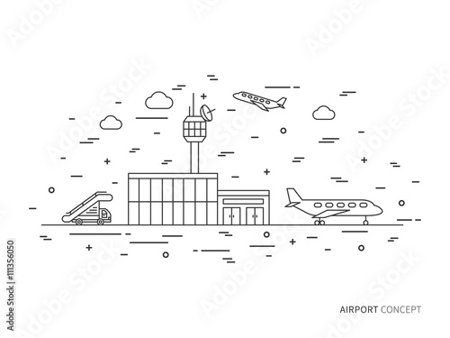 Airport (terminal, plane, transportation) linear vector illustration. Airport creative graphic concept. Airport graphic design.