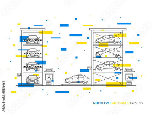 Multilevel parking (terminal, slot, transportation) linear vector illustration. Multilevel parking building creative graphic concept. Multilevel parking graphic design.