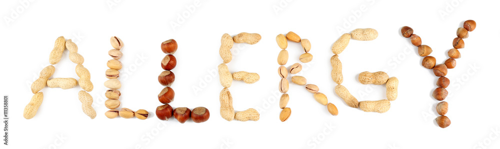 Word ALLERGY made with nuts isolated on white Word ALLERGY made with nuts isolated on white
