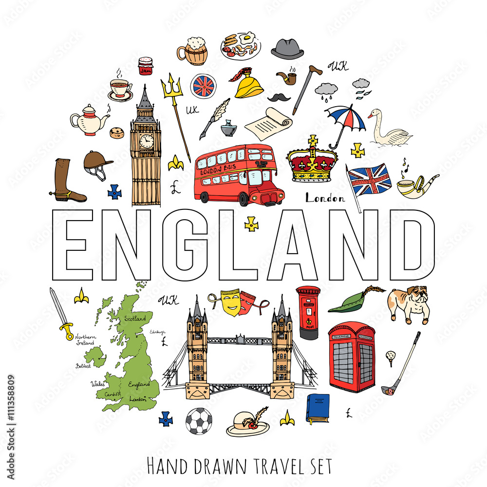 Hand drawn doodle England set Vector illustration United Kingdom icons  Welcome to London elements British symbols collection Bus Horse riding Golf  Crown Beer Lion Bulldog London bridge Big Ben Tower Stock Vector |