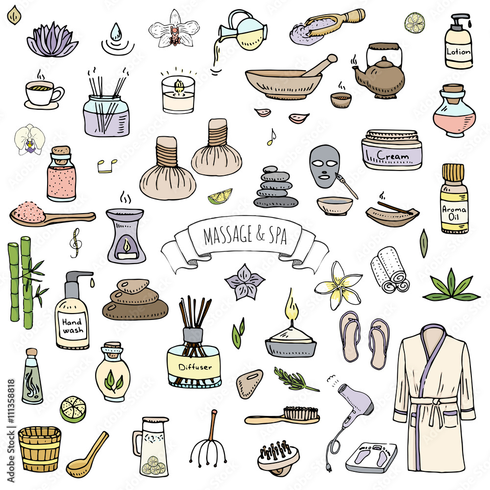 Hand drawn doodle Massage and Spa icons set Vector illustration relaxing symbols collection Cartoon beauty care concept elements health care Wellness treatment Body massage Lifestyle Skin care Spa