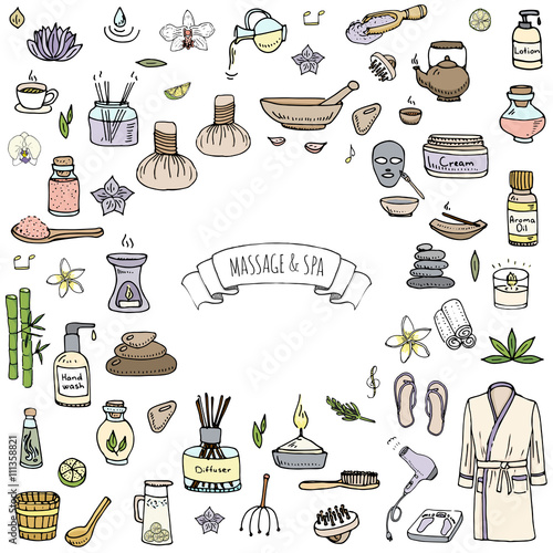 Hand drawn doodle Massage and Spa icons set Vector illustration relaxing symbols collection Cartoon beauty care concept elements health care Wellness treatment Body massage Lifestyle Skin care Spa