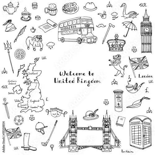 Hand drawn doodle United Kingdom set Vector illustration UK icons  Welcome to London elements British symbols collection Tea Bus Horse riding Golf Crown Beer Lion Bulldog London bridge Big Ben Tower