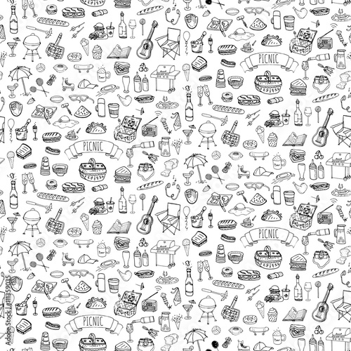 Seamless background hand drawn doodle Picnic icons set Vector illustration barbecue sketchy symbols collection Cartoon bbq concept elements Summer picnic Guitar Food basket Sandwich Sport activities