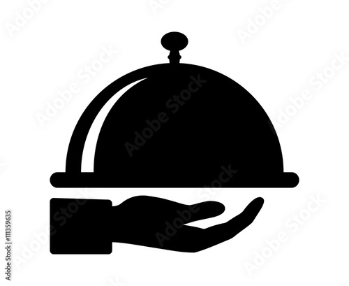 Waiter hand holding cloche serving plate flat icon for food apps and websites 