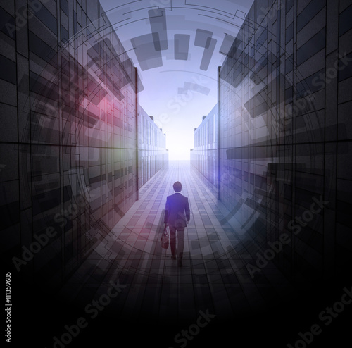 business person walks through passage, abstract image visual