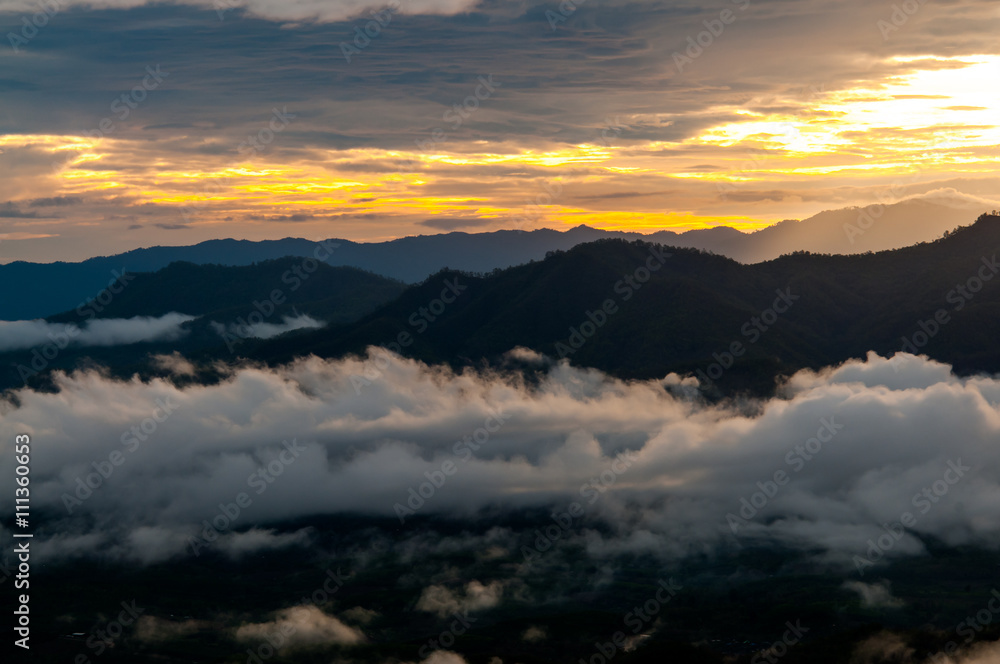 Soft focus of sunrise with fog on the mountain.background