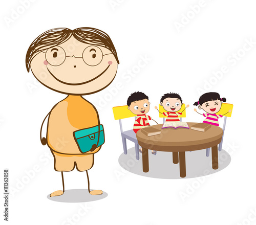 Mid age teacher man in a class of kids sitting at the school desk.