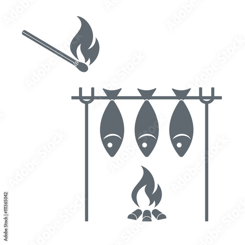 Barbecue grill and matches  icon on a white background. Vector i