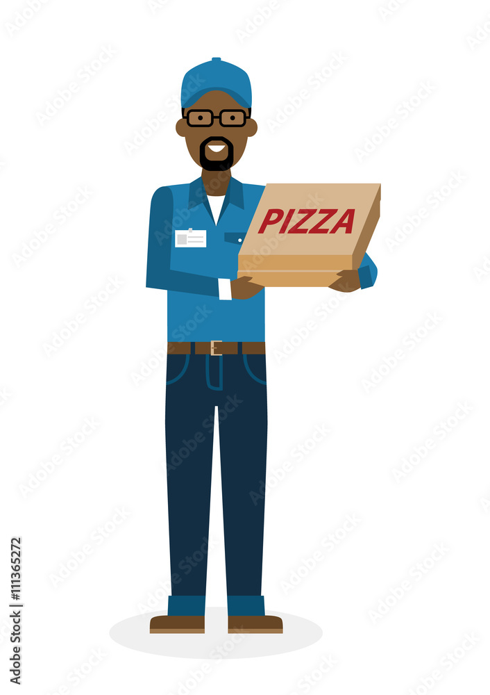 Delivery man with pizza boxes. Fast transportation. Isolated african american cartoon character on white background. Postman, courier with fresh pizza. Handsome smiling male chararcter. Delivery man with pizza boxes. Fast transportation. Isolated african american cartoon character on white background. Postman, courier with fresh pizza. Handsome smiling male chararcter.