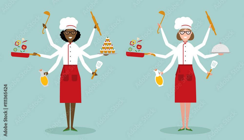Multitasking female chefs with six hands standing and holding a cake, ladle, paddle, pan with vegetabes, oil and rolling pin. Successful cook. Restaurant chef. African american and caucasian. Multitasking female chefs with six hands standing and holding a cake, ladle, paddle, pan with vegetabes, oil and rolling pin. Successful cook. Restaurant chef. African american and caucasian.