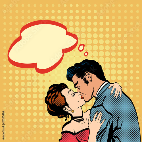 Lovers kissing man kisses woman romantic hug retro style pop art