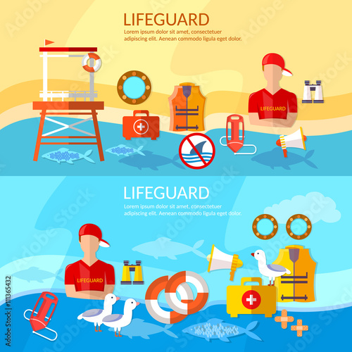 Lifeguards banners work of a professional lifeguard on the beach