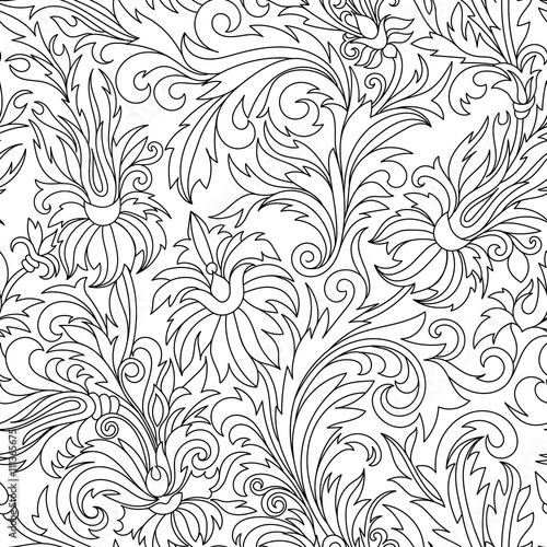 Vector Seamless Monochrome Floral Pattern. Coloring Book