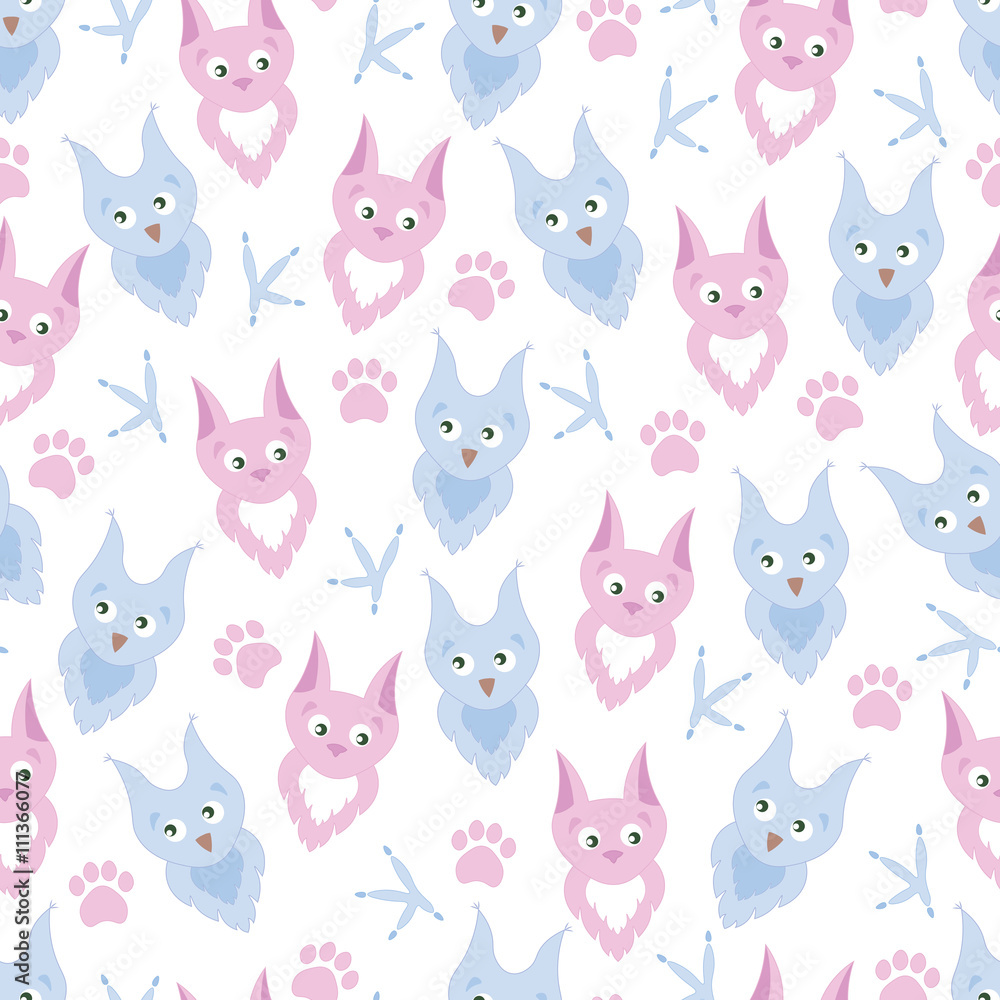 Background cute cartoon owl and cat . Adorable owl and cat, paw prints and claws. Background for children, baby.