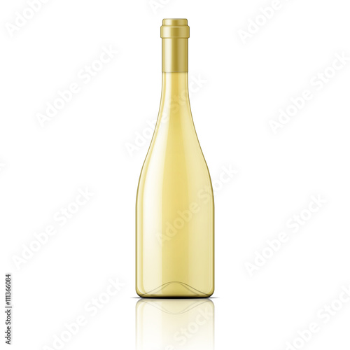 Glass bottle filled with white wine.