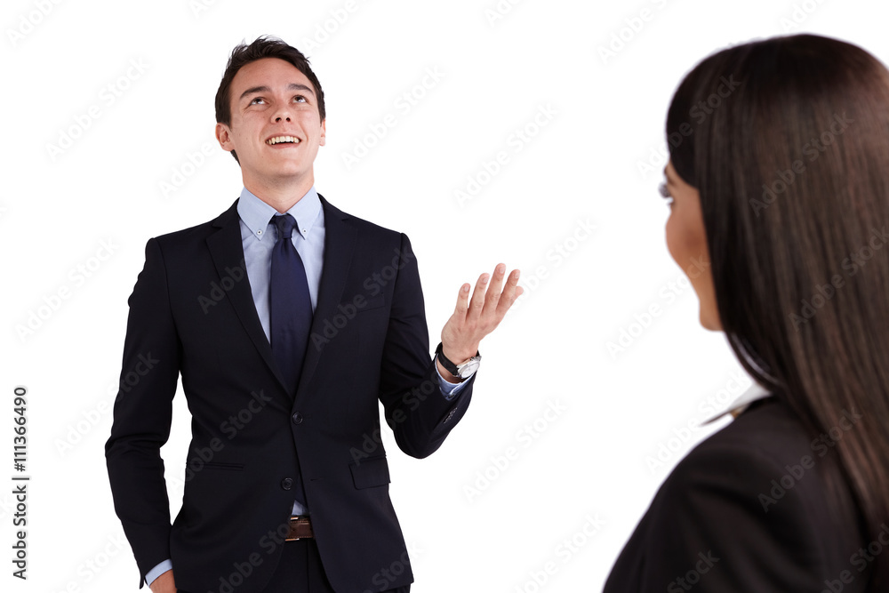 Young Caucasian business man smiling happily to a business woman Young Caucasian business man smiling happily to a business woman