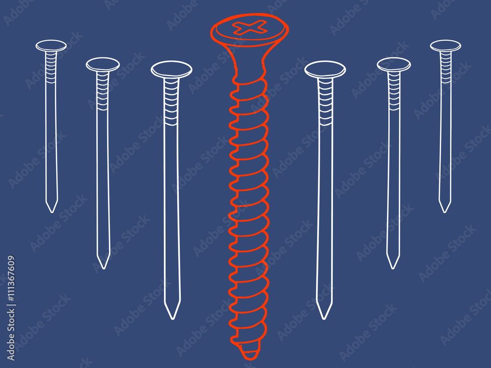 Row of nails and a screw. Leadership, independence, initiative, uniqueness, business success, teamwork, concept. Vector image. Row of nails and a screw. Leadership, independence, initiative, uniqueness, business success, teamwork, concept. Vector image.