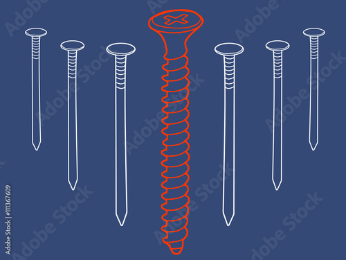 Row of nails and a screw.  Leadership, independence, initiative, uniqueness, business success, teamwork, concept. Vector image.