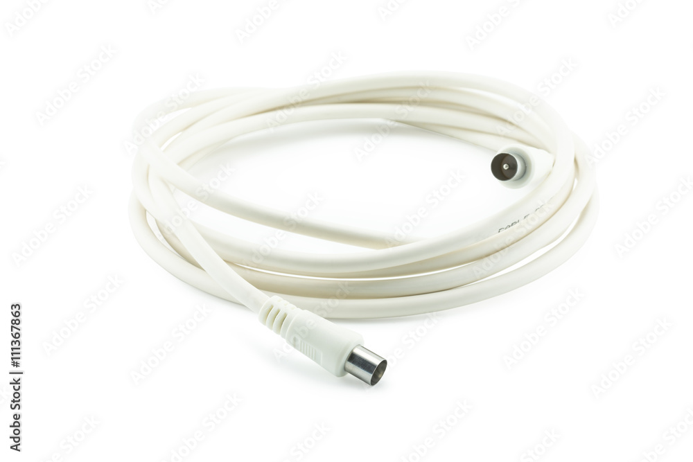Bunch of white TV coaxial cables with connectors on white backgr Bunch of white TV coaxial cables with connectors on white backgr