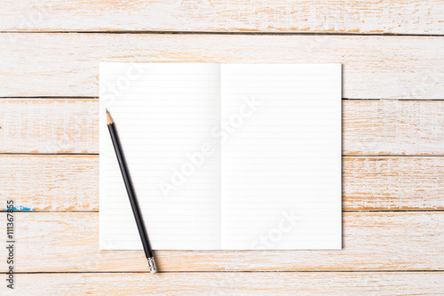 Blank open notebook on white wooden background, Business templat