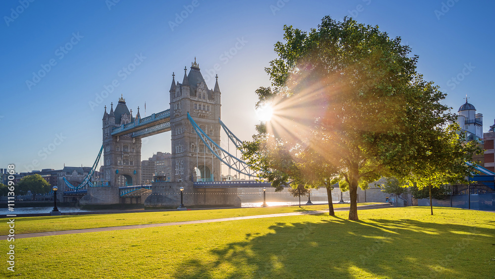 Obraz premium Londyn, Wielka Brytania - Iconic Tower Bridge o wschodzie słońca w godzinach porannych, światło słoneczne, drzewo, błękitne niebo i zielona trawa