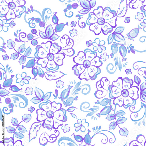 Floral Watercolor seamless pattern in Russian Gzhel Style. Vector illustration