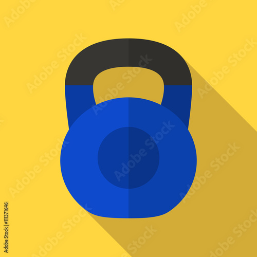 Vector illustration. Icon of toy blue kettlebell with a matt black handle in flat design with shadow effect