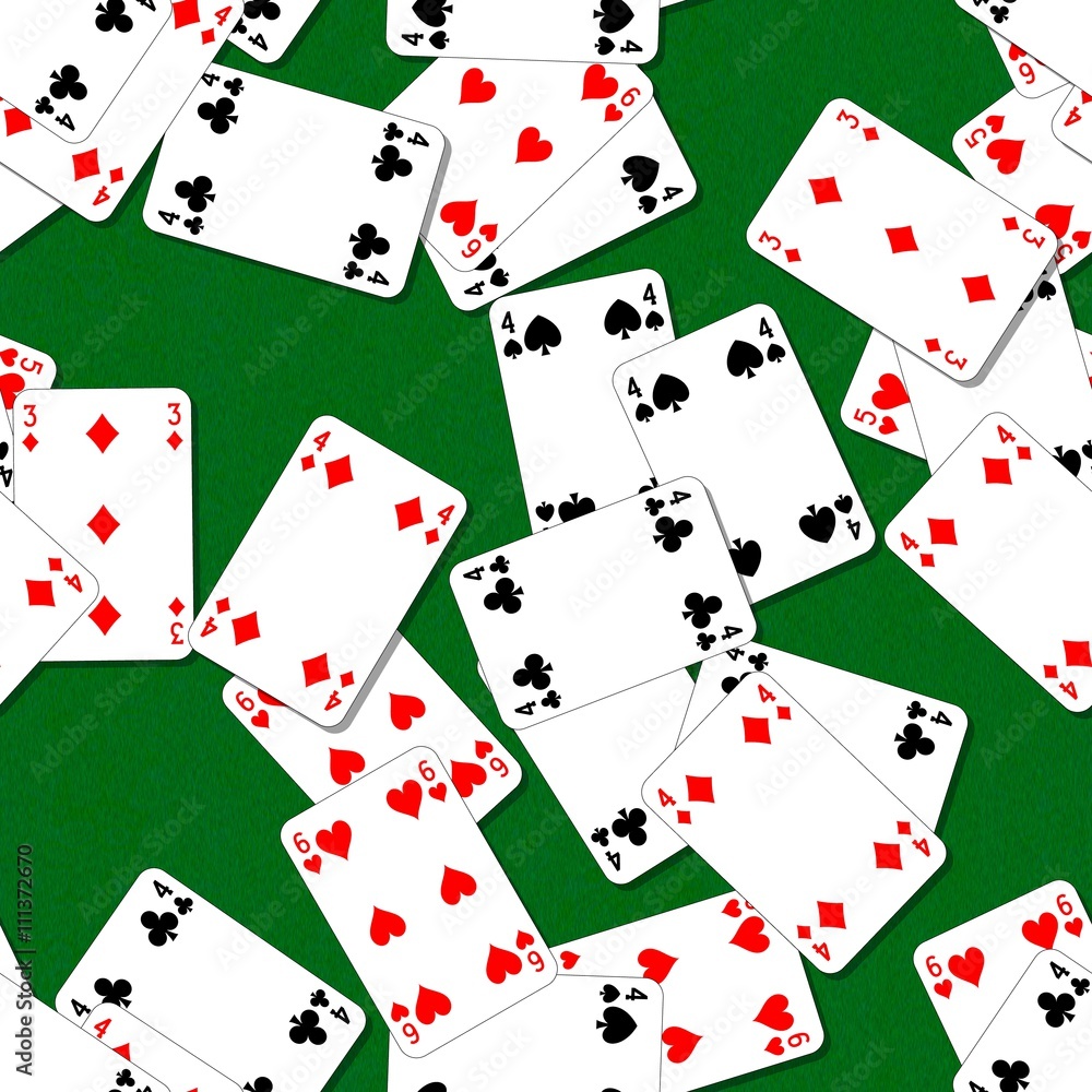 seamless pattern texture background with playing cards irregularly scattered on the green table seamless pattern texture background with playing cards irregularly scattered on the green table